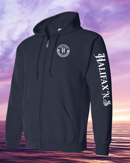 Born & Raised in Halifax left chest and sleeve Zip Hoodie