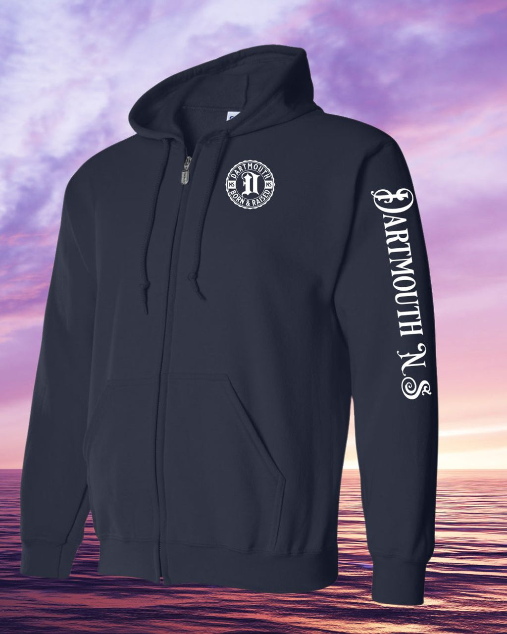 Born & Raised in Dartmouth left chest and sleeve Zip Hoodie - Unisex