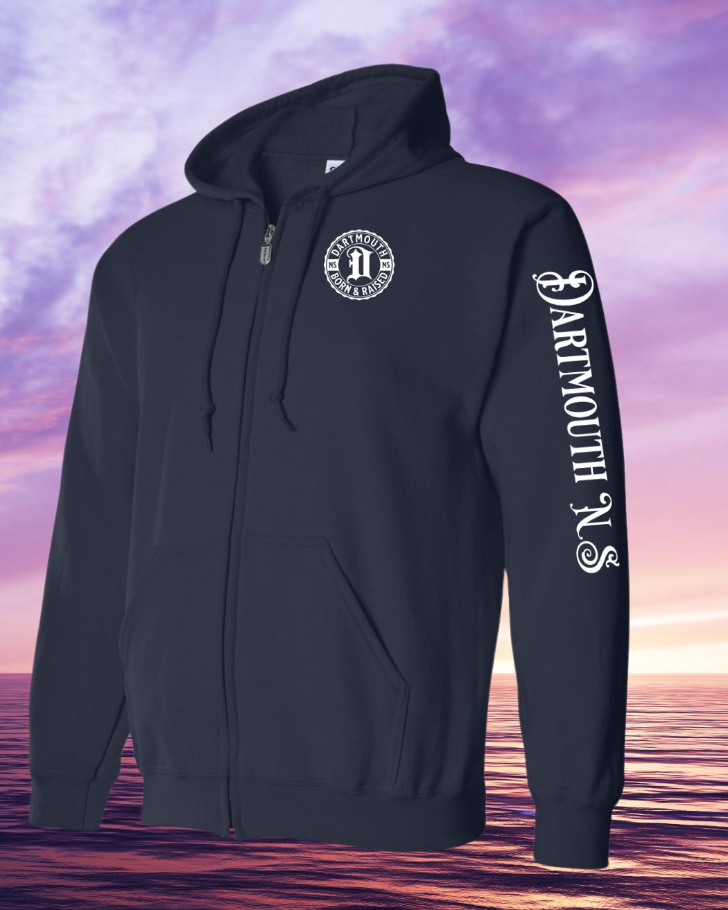 Born & Raised in Dartmouth left chest and sleeve Zip Hoodie - Unisex