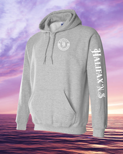 Born & Raised in Halifax left chest and sleeve Hoodie