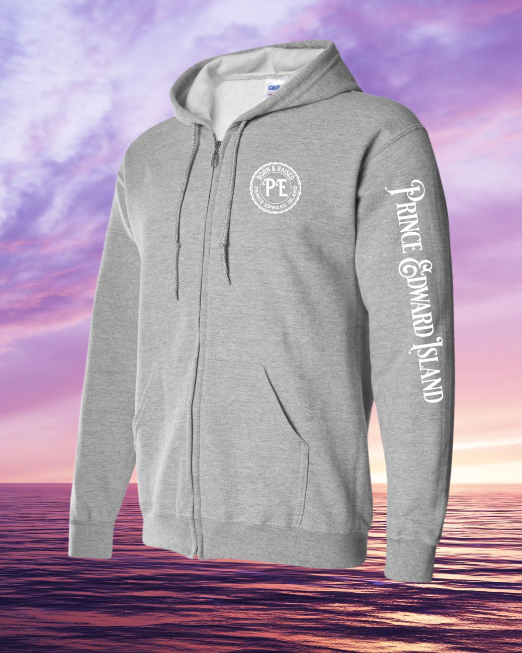 Born & Raised in PEI left chest and sleeve Zip Hoodie