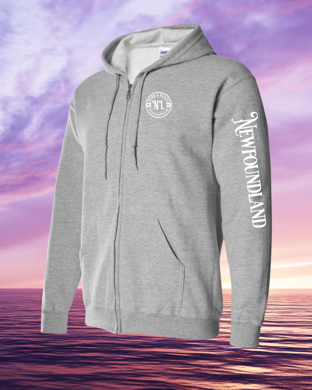 Born & Raised in NFLD left chest and sleeve Zip Hoodie - Unisex