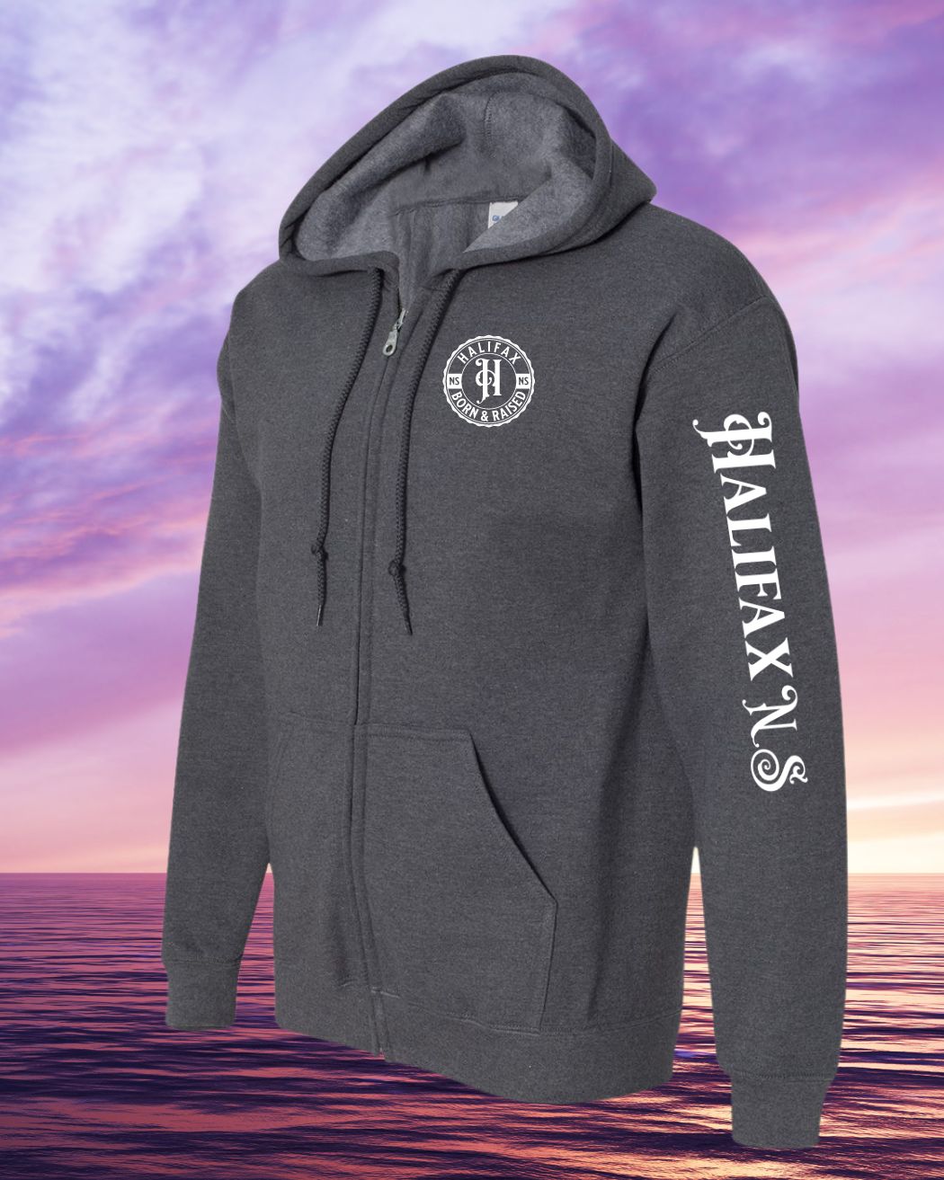 Born & Raised in Halifax left chest and sleeve Zip Hoodie