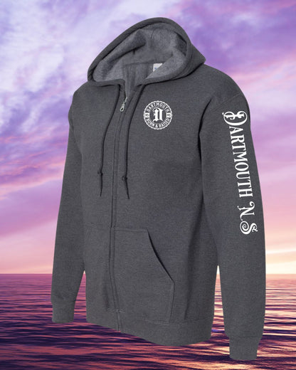 Born & Raised in Dartmouth left chest and sleeve Zip Hoodie