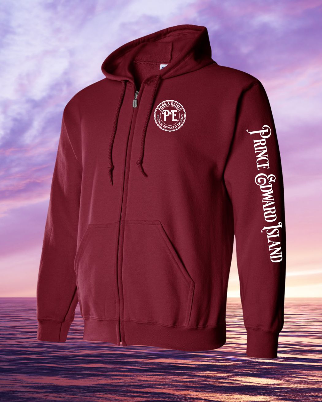 Born & Raised in PEI left chest and sleeve Zip Hoodie - Unisex