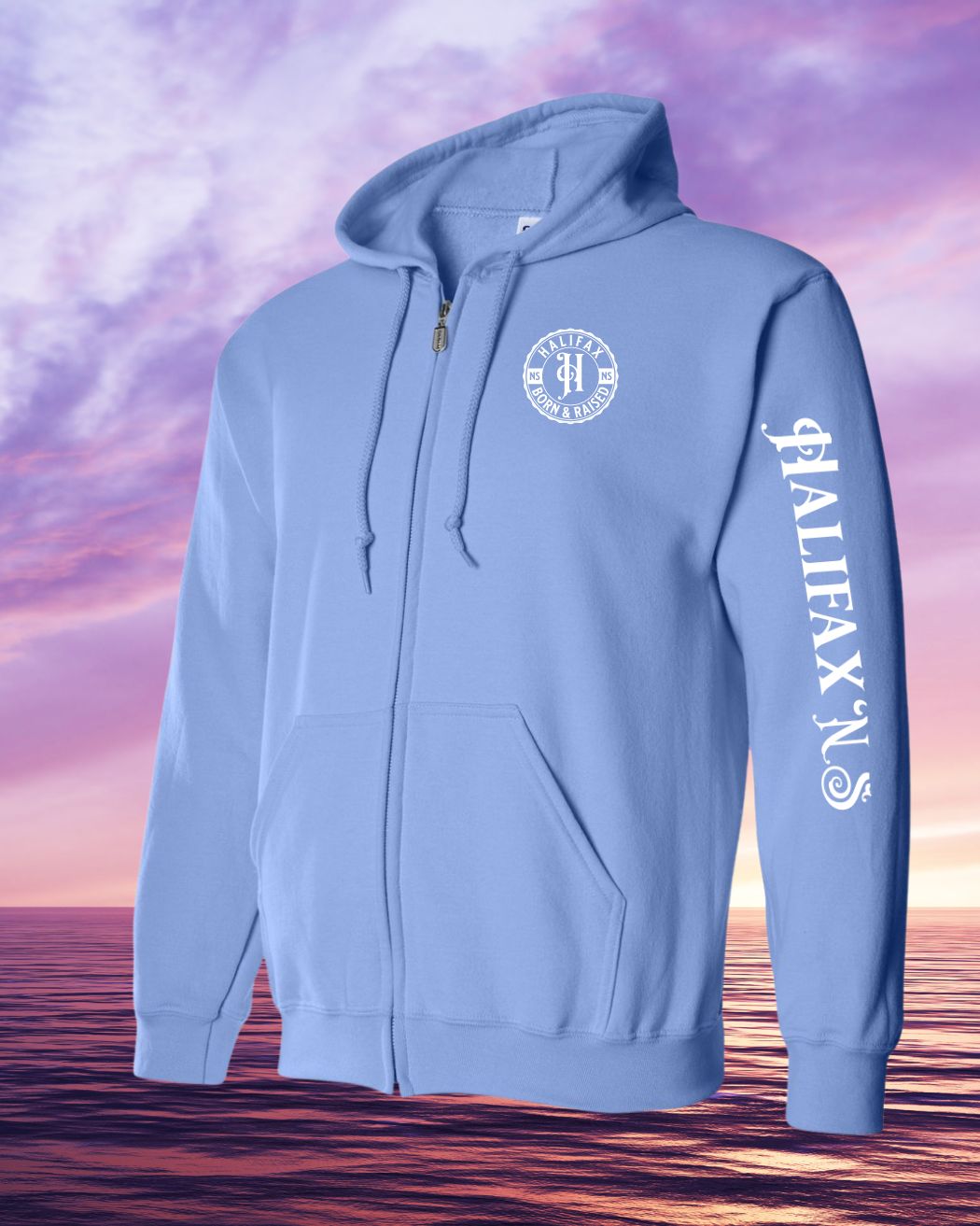 Born & Raised in Halifax left chest and sleeve Zip Hoodie - Unisex