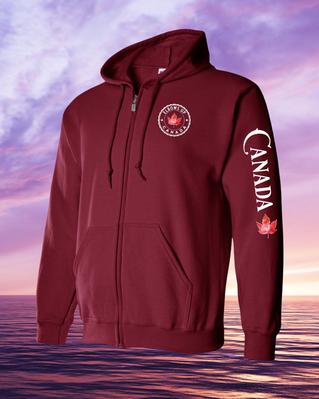 Elbows Up Leaf left chest and sleeve Zip hoodie