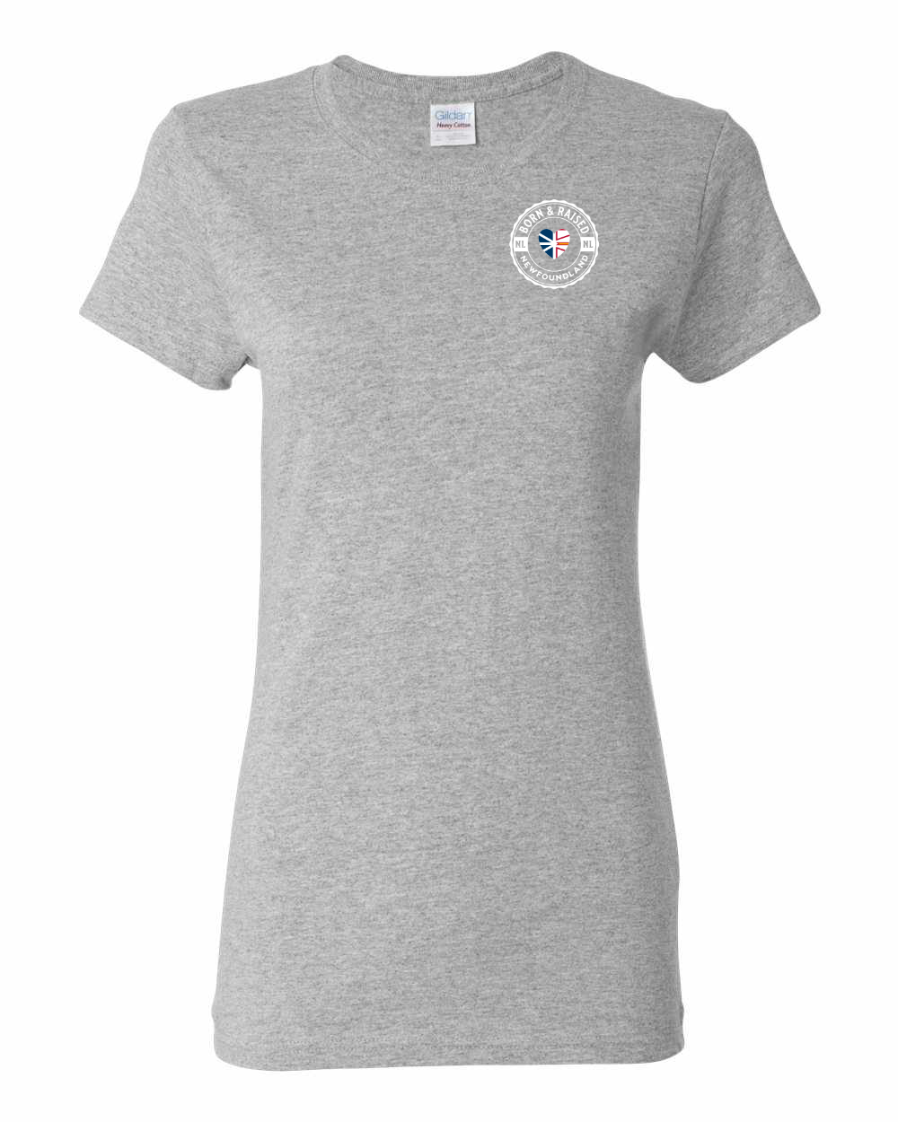 Born and Raised Heart Flag NFLD Left Chest Women's Tee