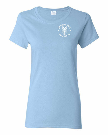 Maritime Swag Nova Scotia Mandala white Lobster Left Chest and Back womens-tee