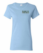 Made In NFLD ( Tartan Lettering) Left Chest Women's Tee