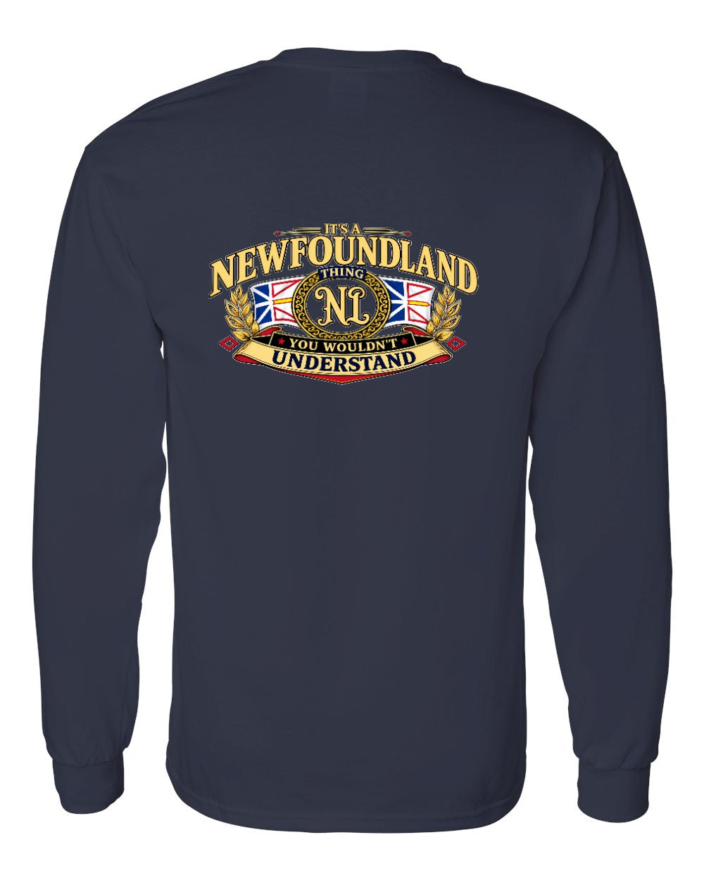 Newfoundland Thing Badge Left Chest and Back Long Sleeve in Navy - back