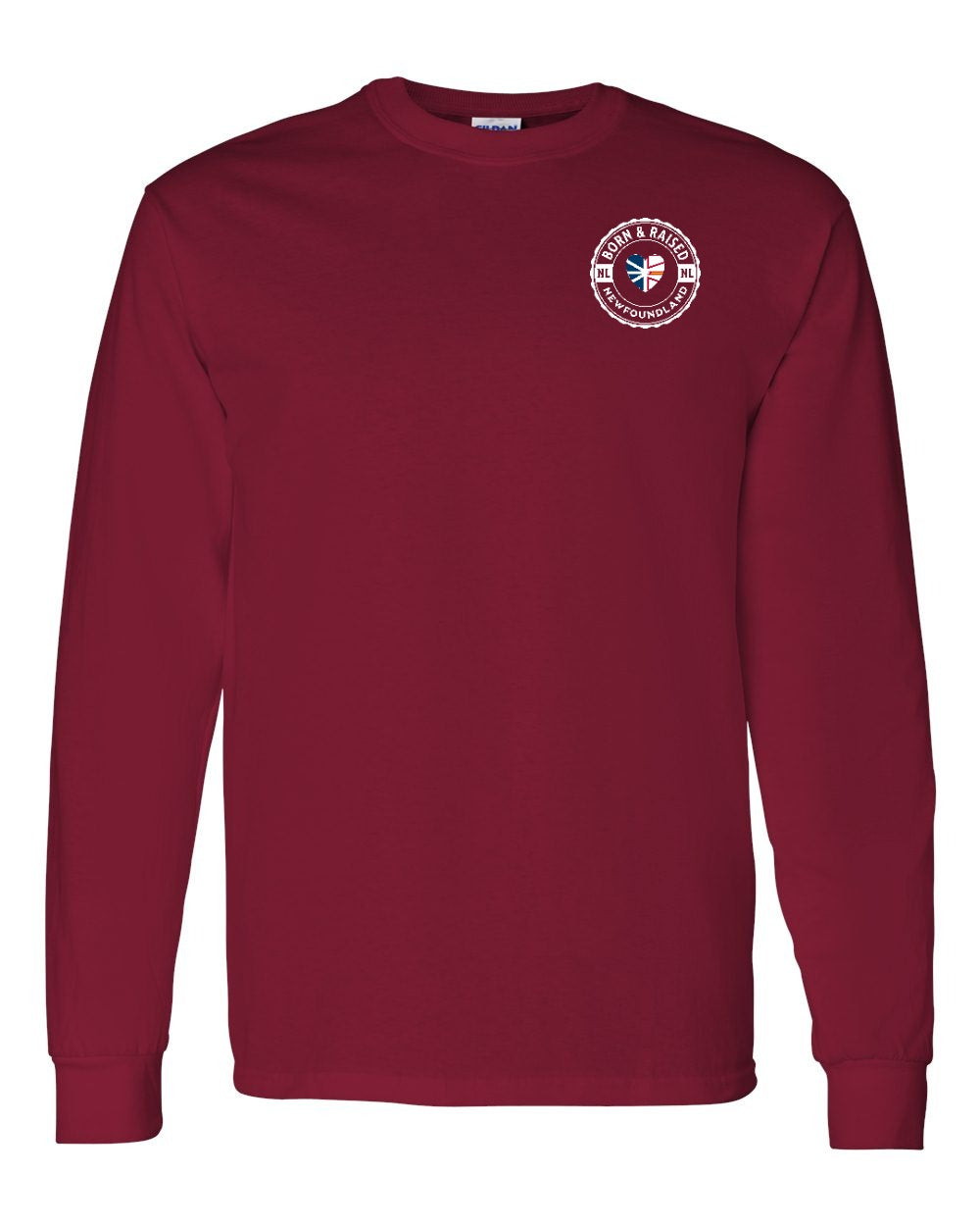 Born and Raised NFLD Heart Flag Left Chest & Back Long Sleeve Tee - Unisex