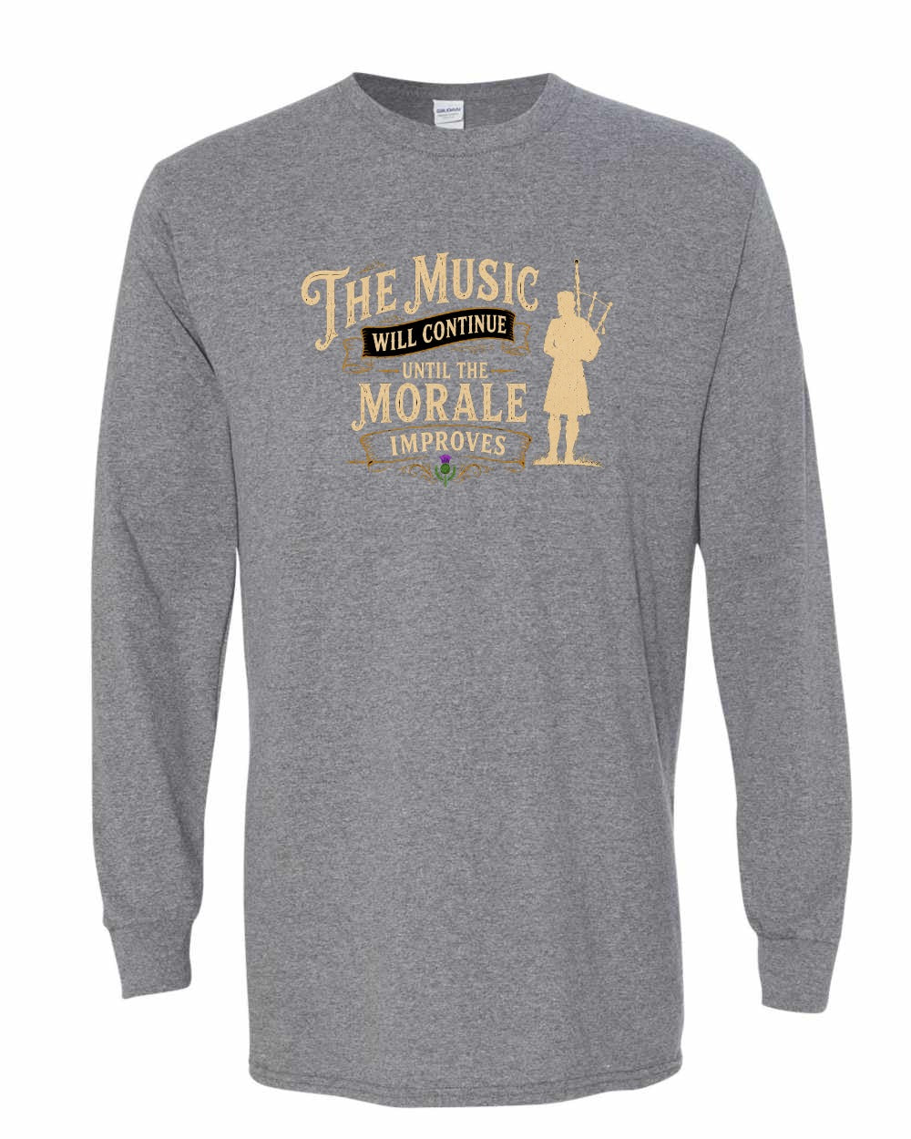 Muisic Will Continue Bagpipes Long Sleeve in Graphite Heather
