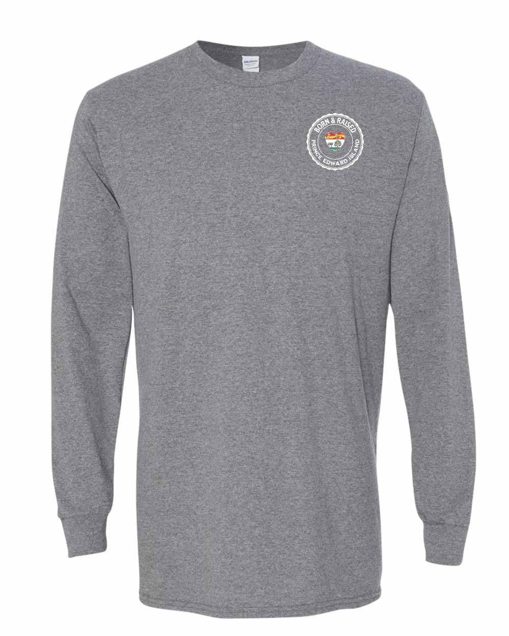 Born and Raised PEI Heart Flag Left Chest & Back Long Sleeve Tee - Unisex