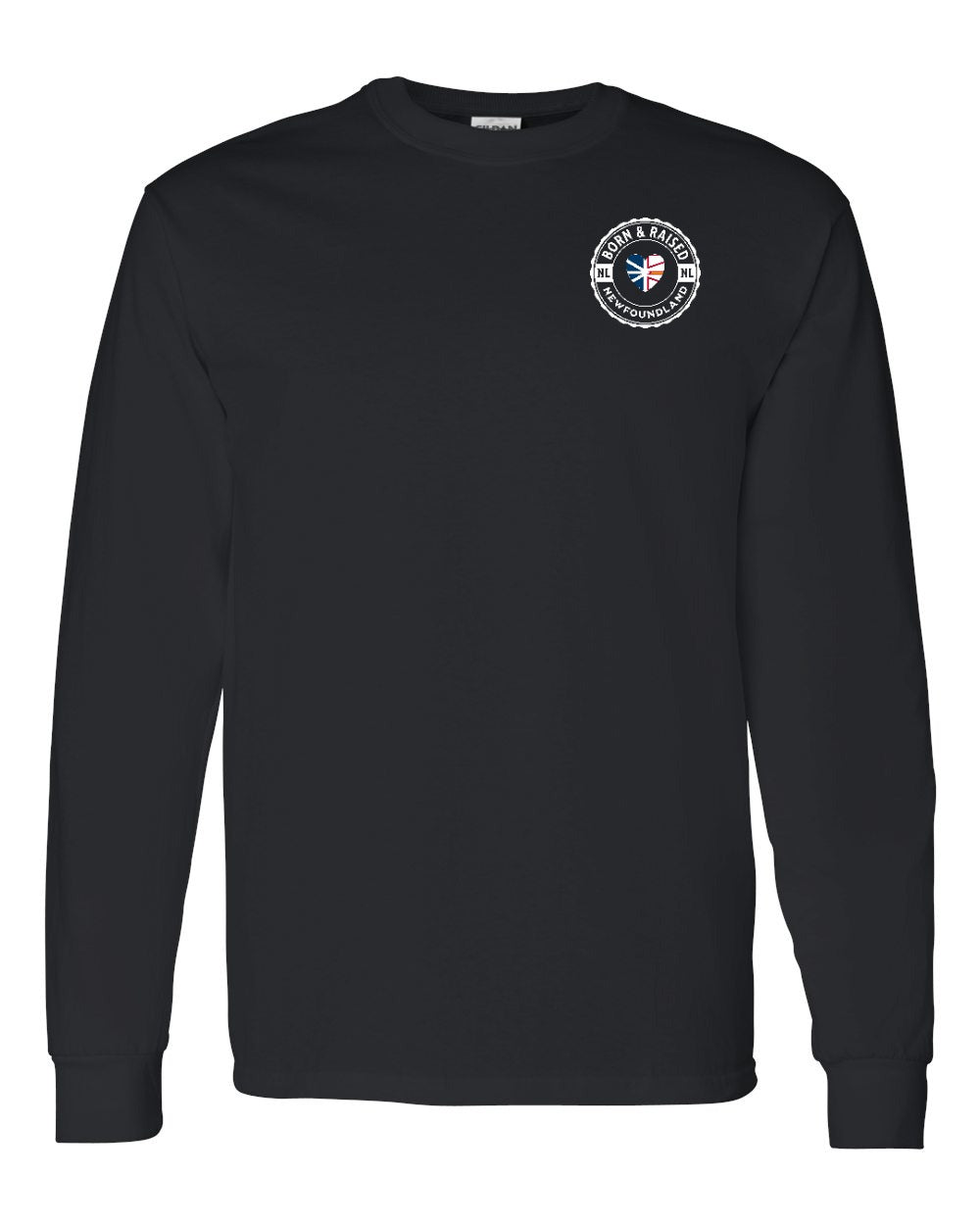 Born and Raised NFLD Heart Flag Left Chest & Back Long Sleeve Tee - Unisex