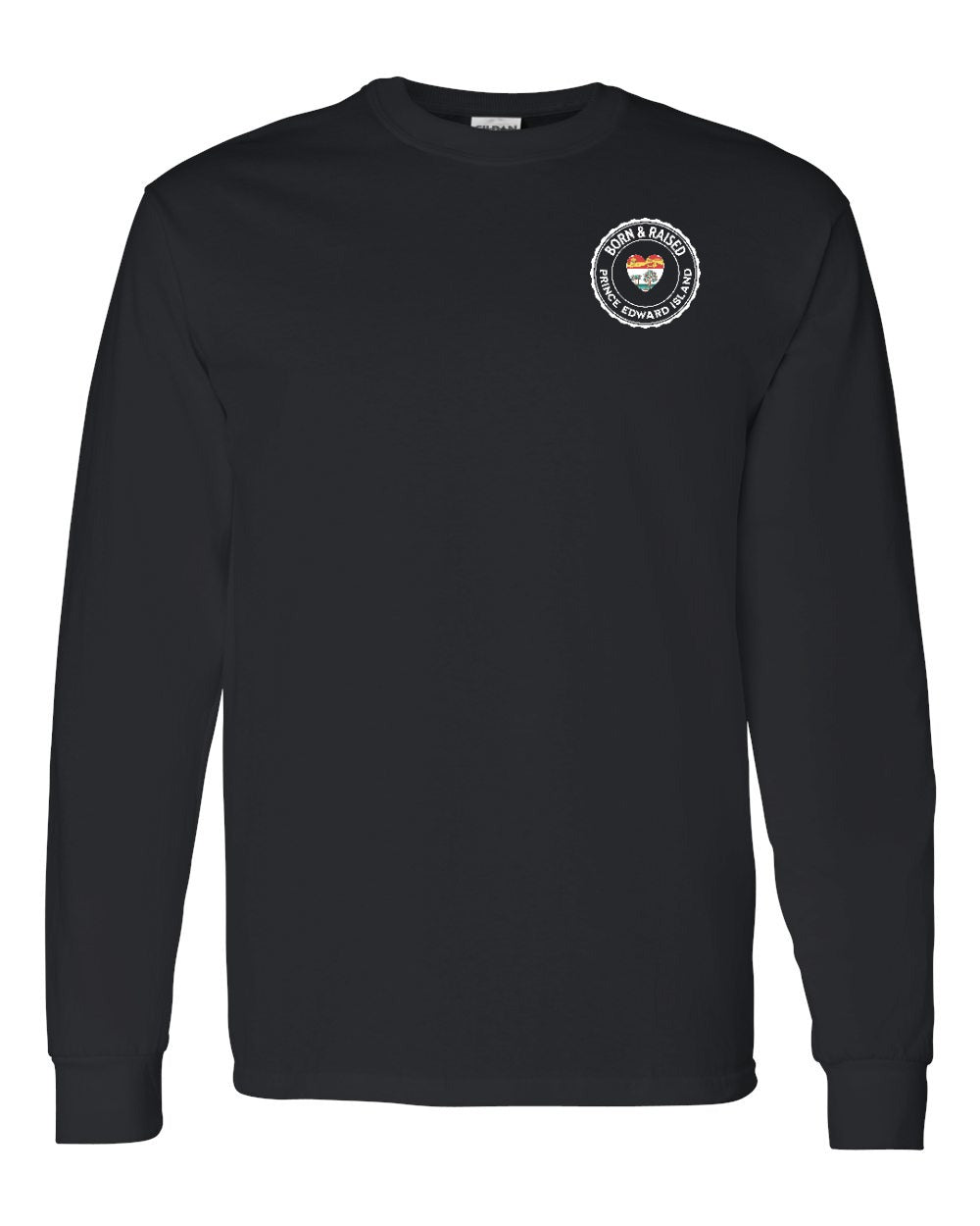 Born and Raised PEI Heart Flag Left Chest & Back Long Sleeve Tee - Unisex