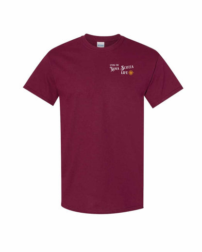 Living the Nova Scotia Life yellow Left Chest mens-tee