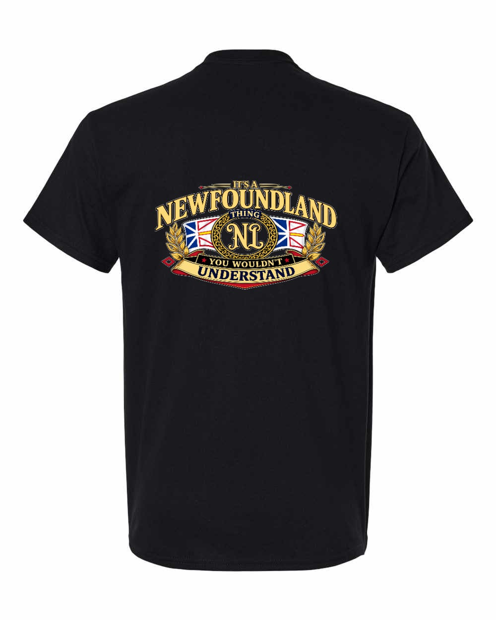 Newfoundland Thing Badge Left Chest and Back Men's Tee in Black - back
