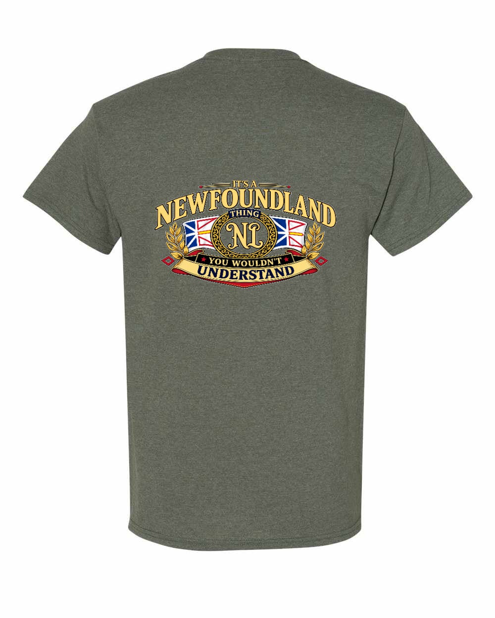 Newfoundland Thing Badge Left Chest and Back Men's Tee in Heather Military Green - back
