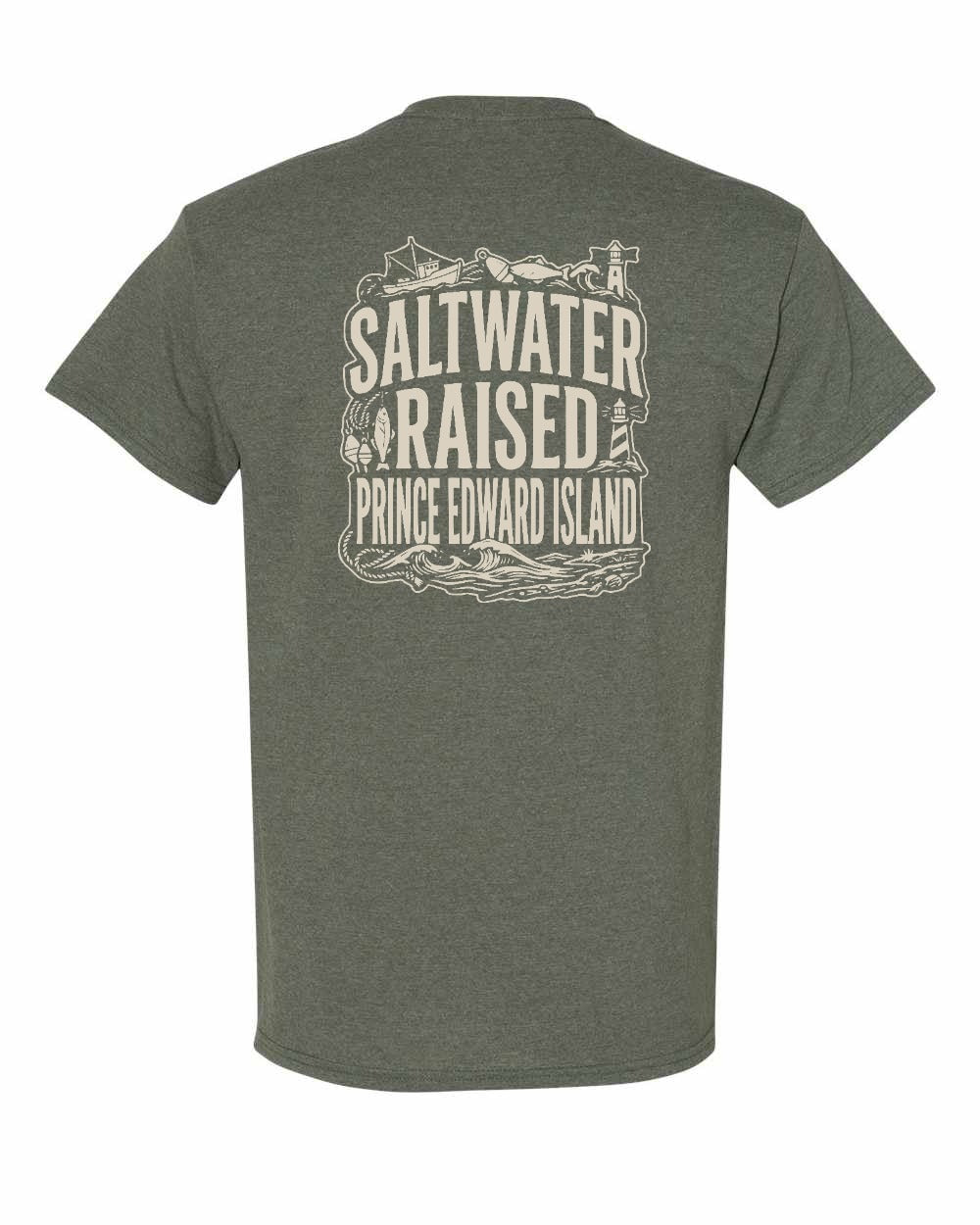 PEI Saltwater Raised Folk Left Chest and Back Men's Tee