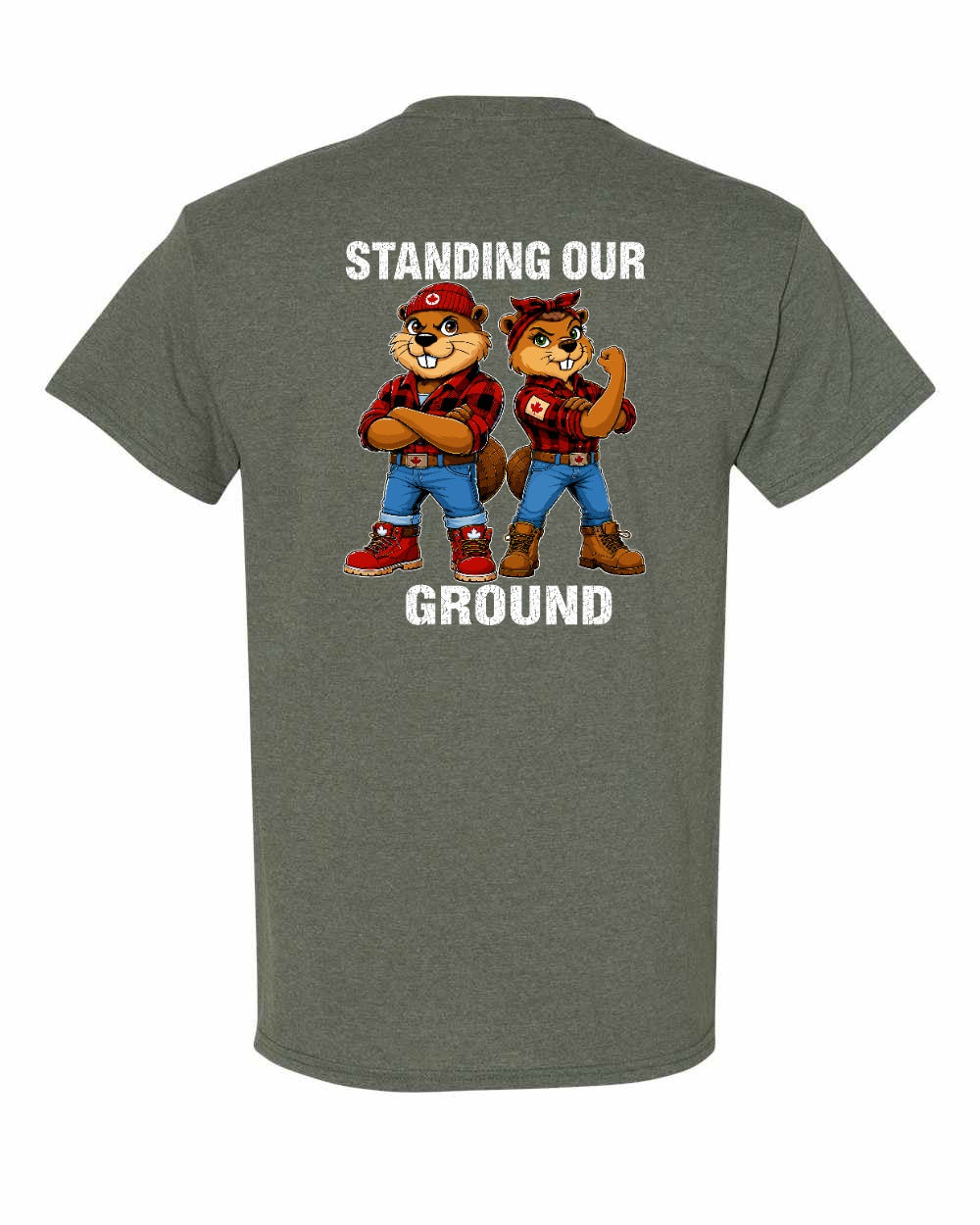 Standing Our Ground Left Chest and Back Men's Tee in Heather Military Green - back