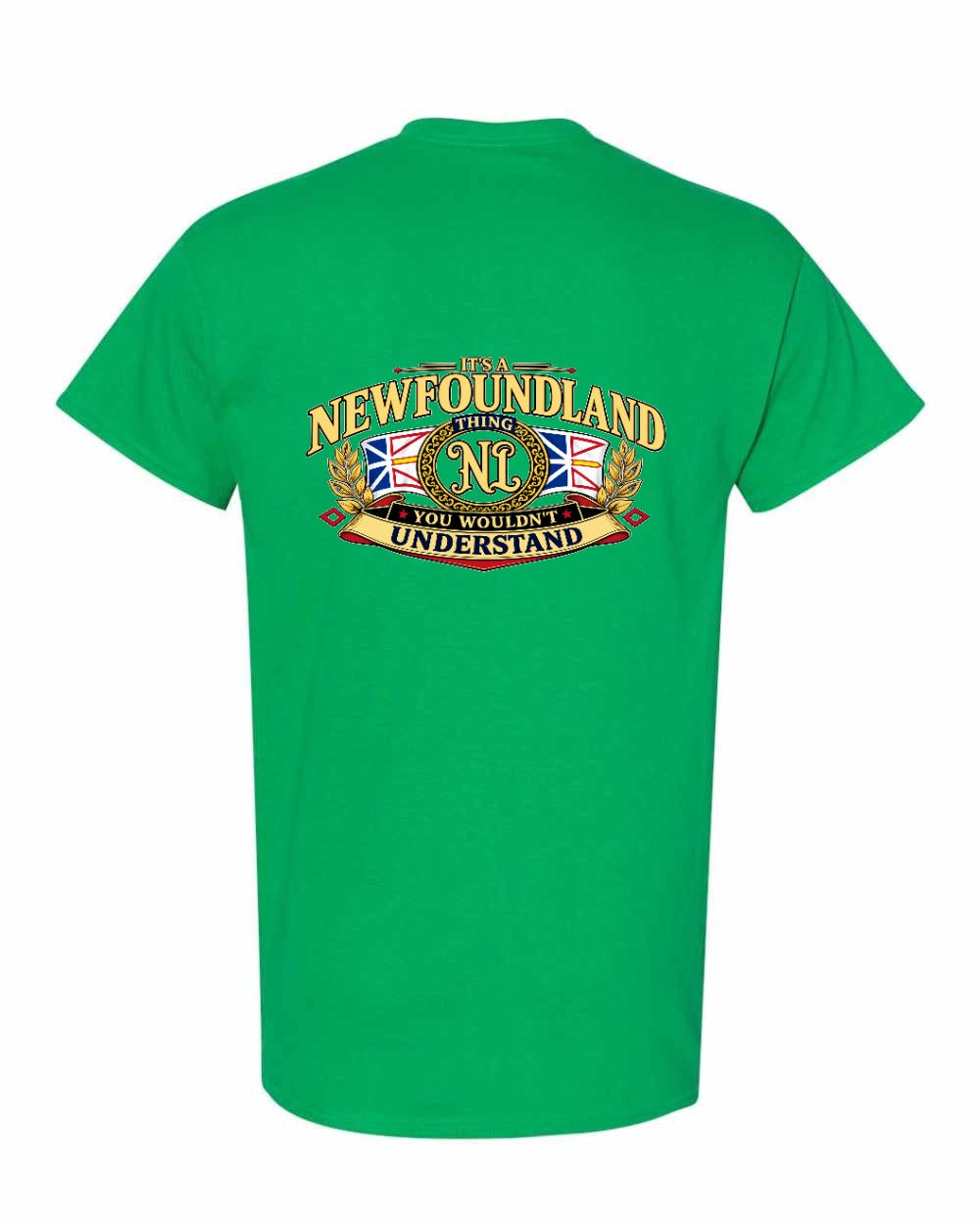 Newfoundland Thing Badge Left Chest and Back Men's Tee in Irish Green - back