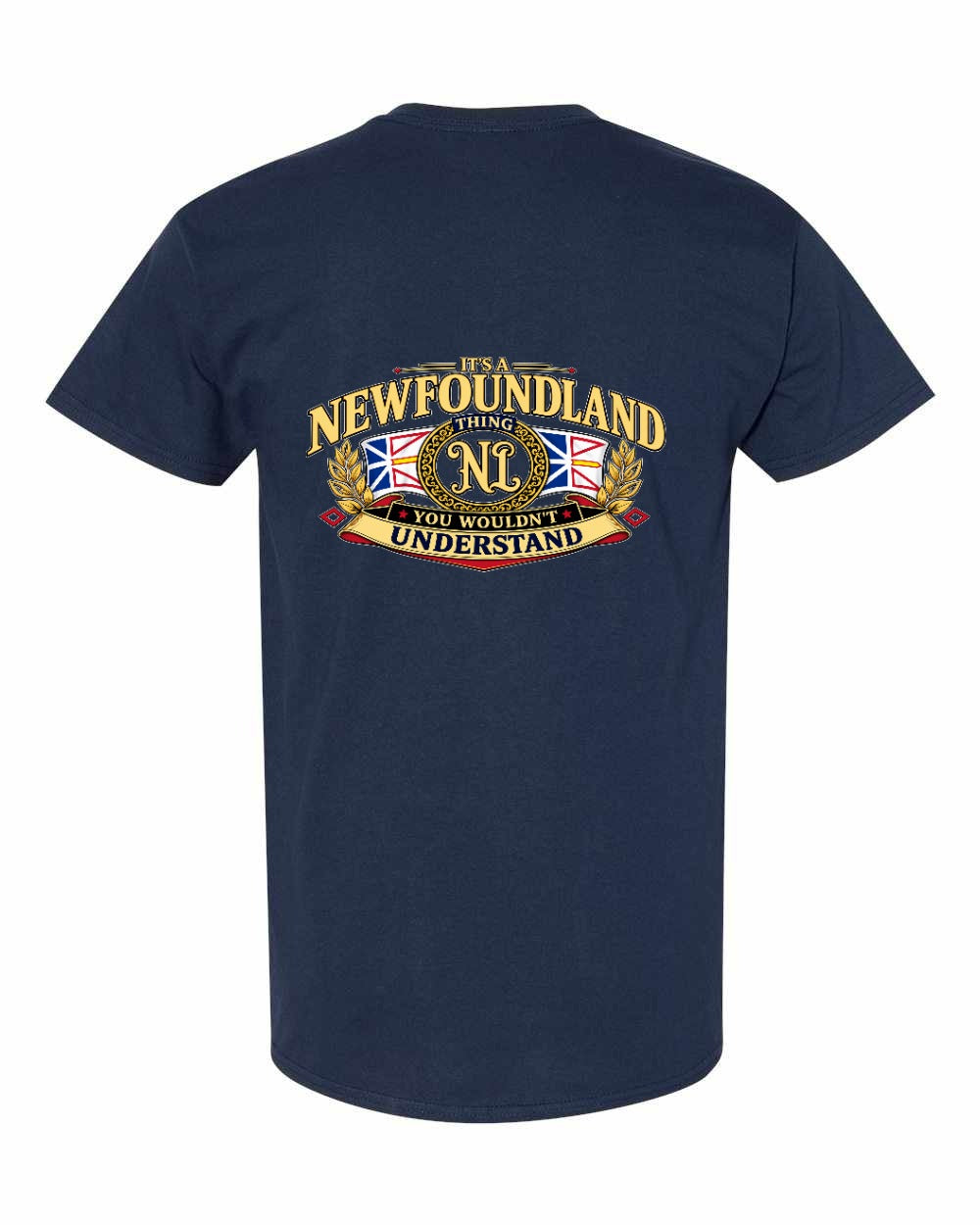 Newfoundland Thing Badge Left Chest and Back Men's Tee in Navy - back
