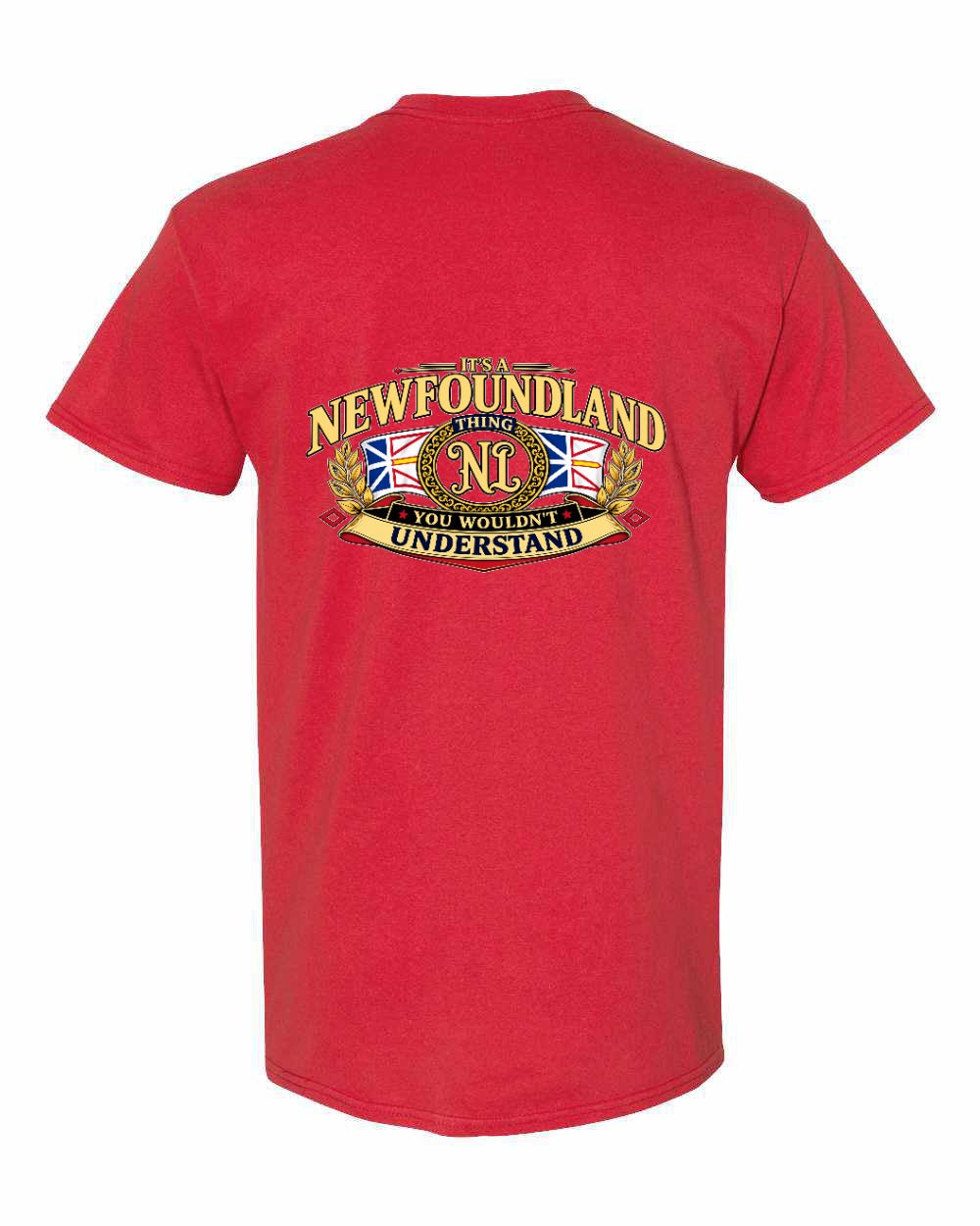 Newfoundland Thing Badge Left Chest and Back Men's Tee in Red - back