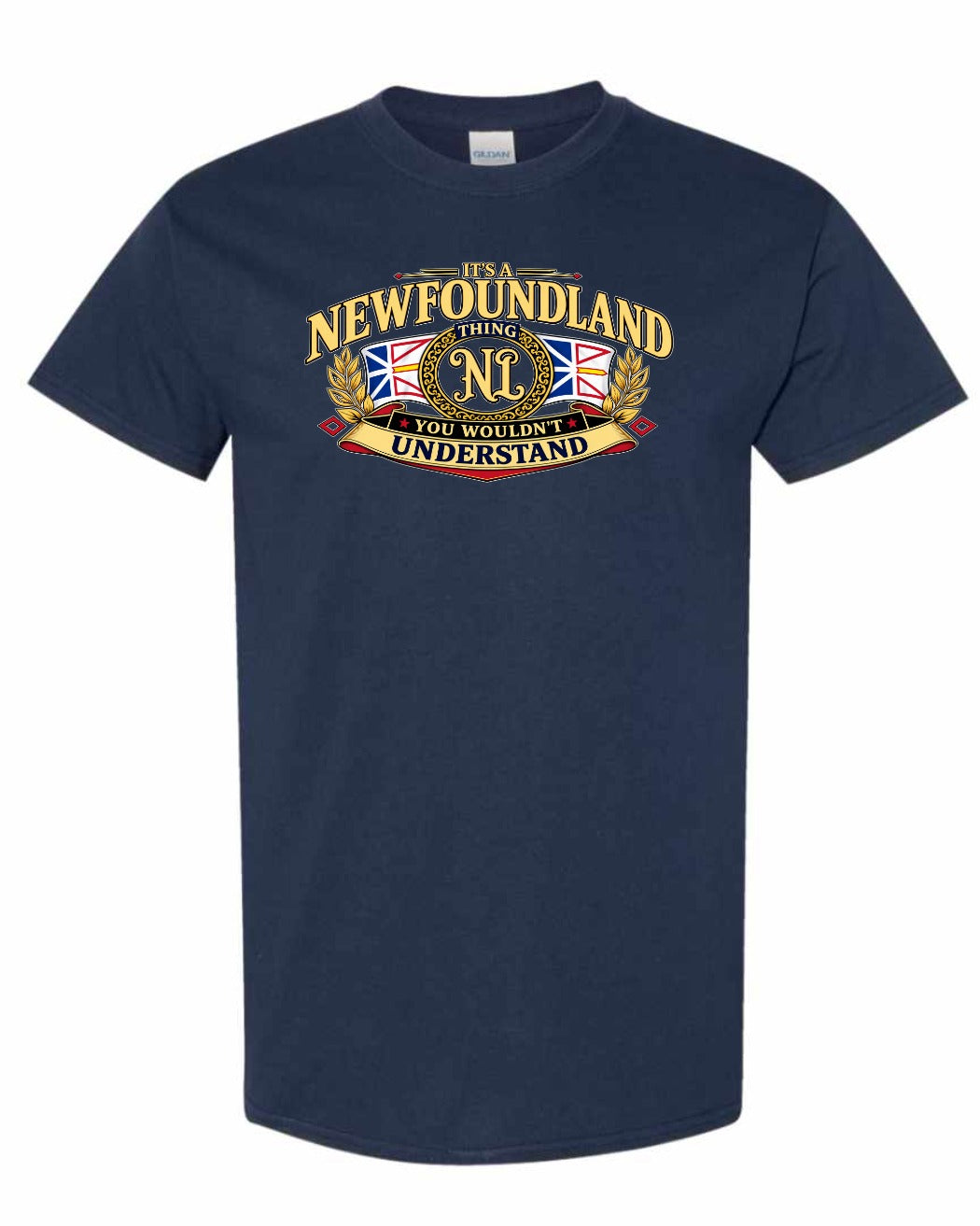 Newfoundland Thing Badge Full Front Men's Tee in Navy