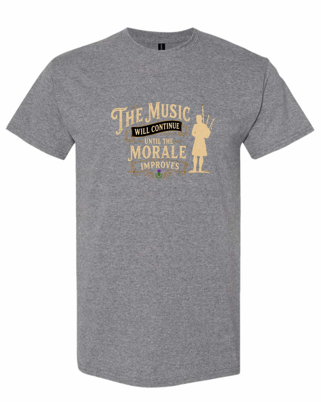 Muisic Will Continue Bagpipes Men's Tee in Graphite Heather