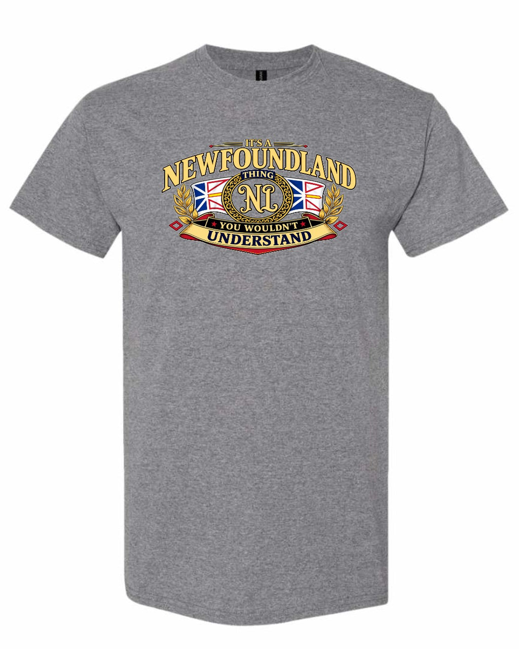 Newfoundland Thing Badge Full Front Men's Tee in Graphite Heather