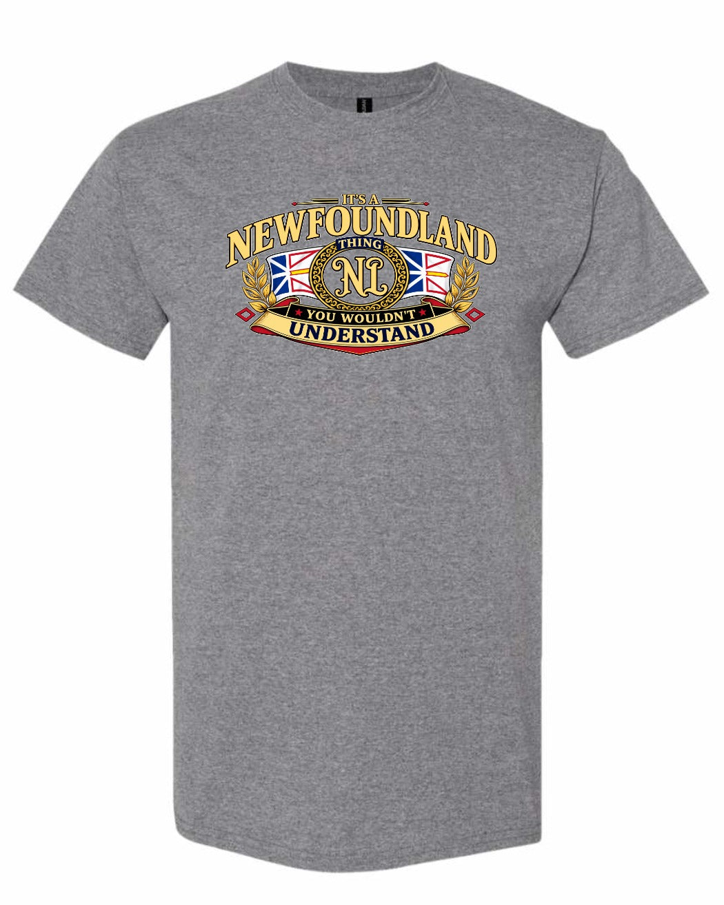 Newfoundland Thing Badge Full Front Men's Tee in Graphite Heather