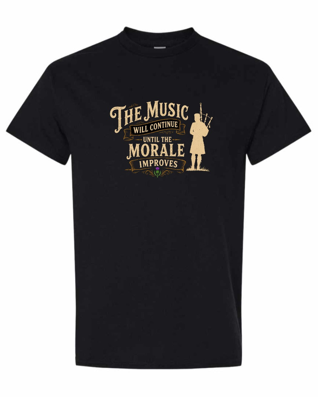 Muisic Will Continue Bagpipes Men's Tee in Black
