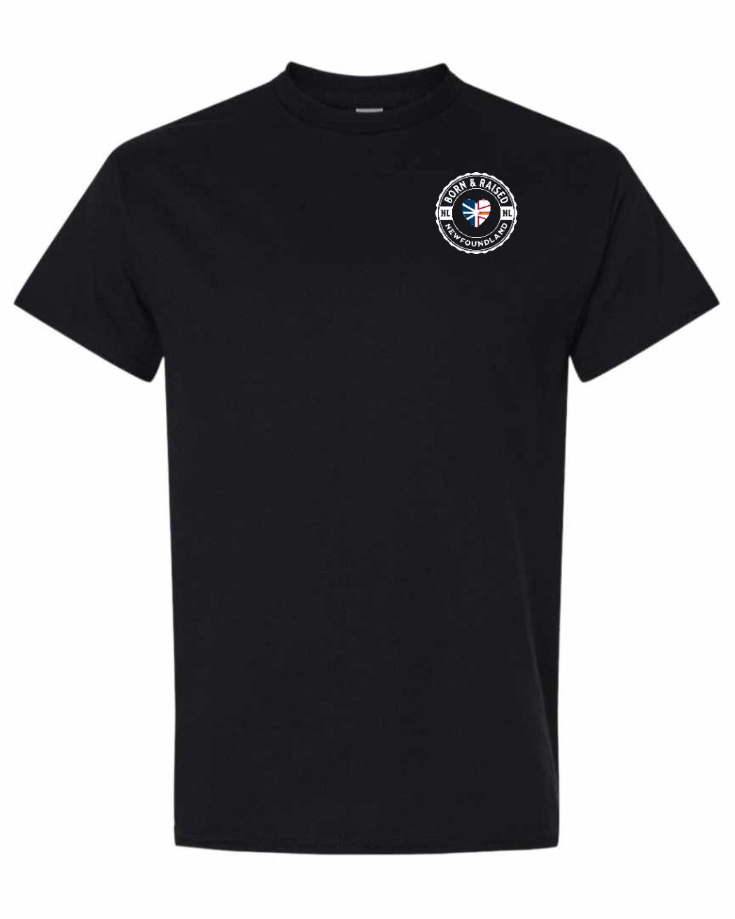 Born and Raised NFLD Heart Flag Left Chest Men's Tee