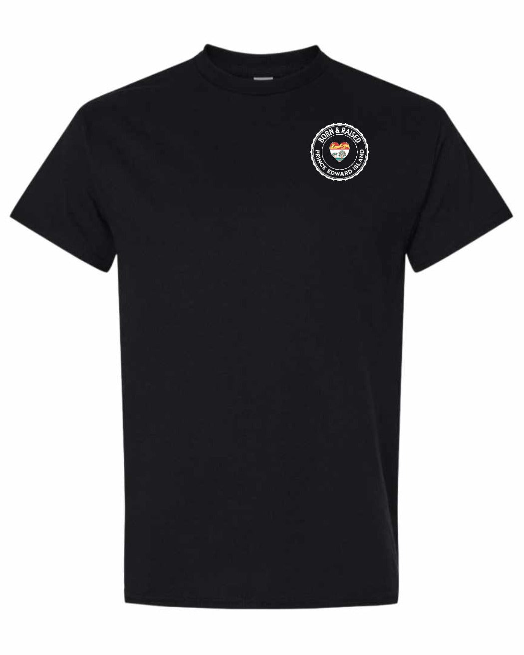 Born and Raised PEI Heart Flag Left Chest & Back Men's Tee