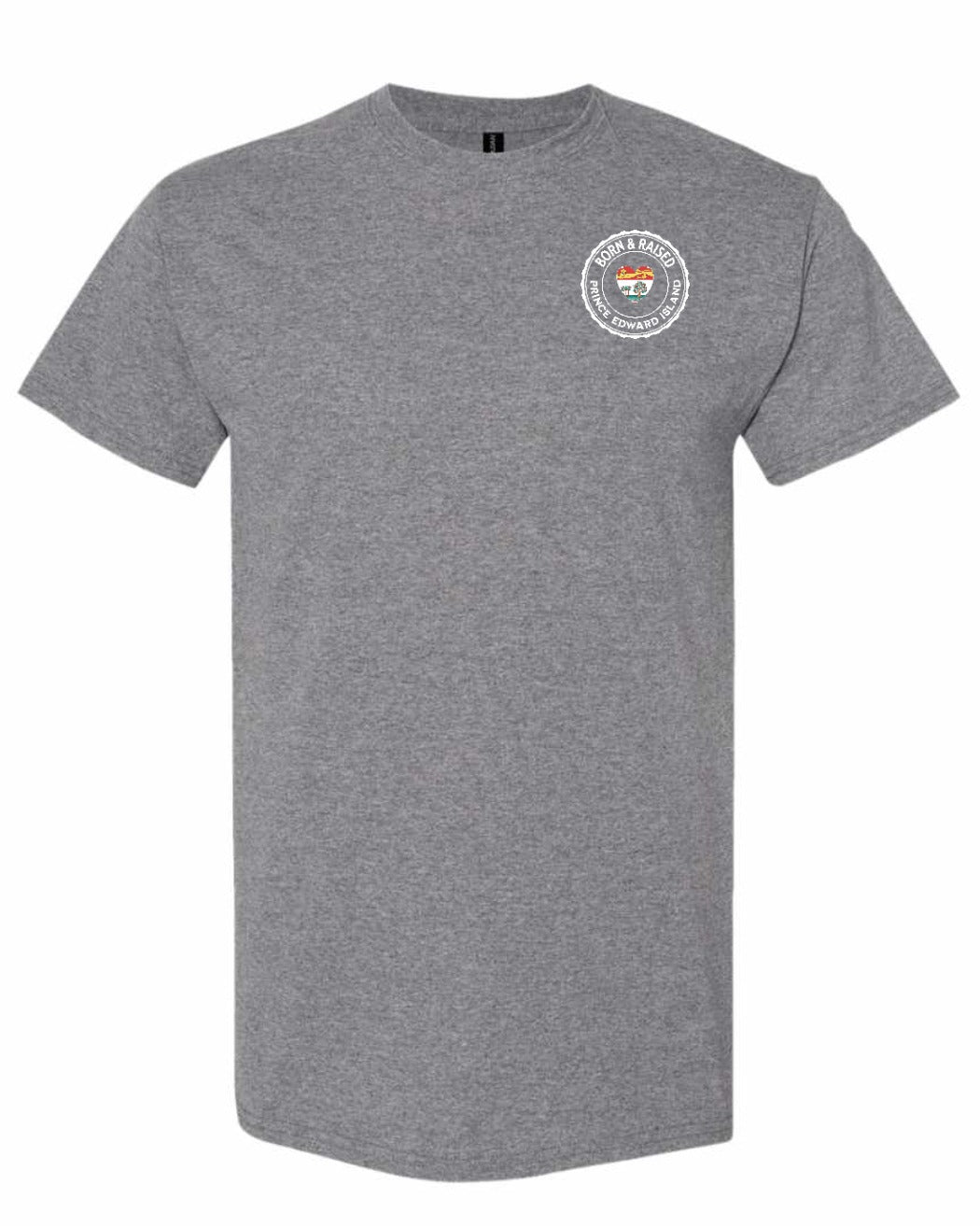 Born and Raised PEI Heart Flag Left Chest & Back Men's Tee
