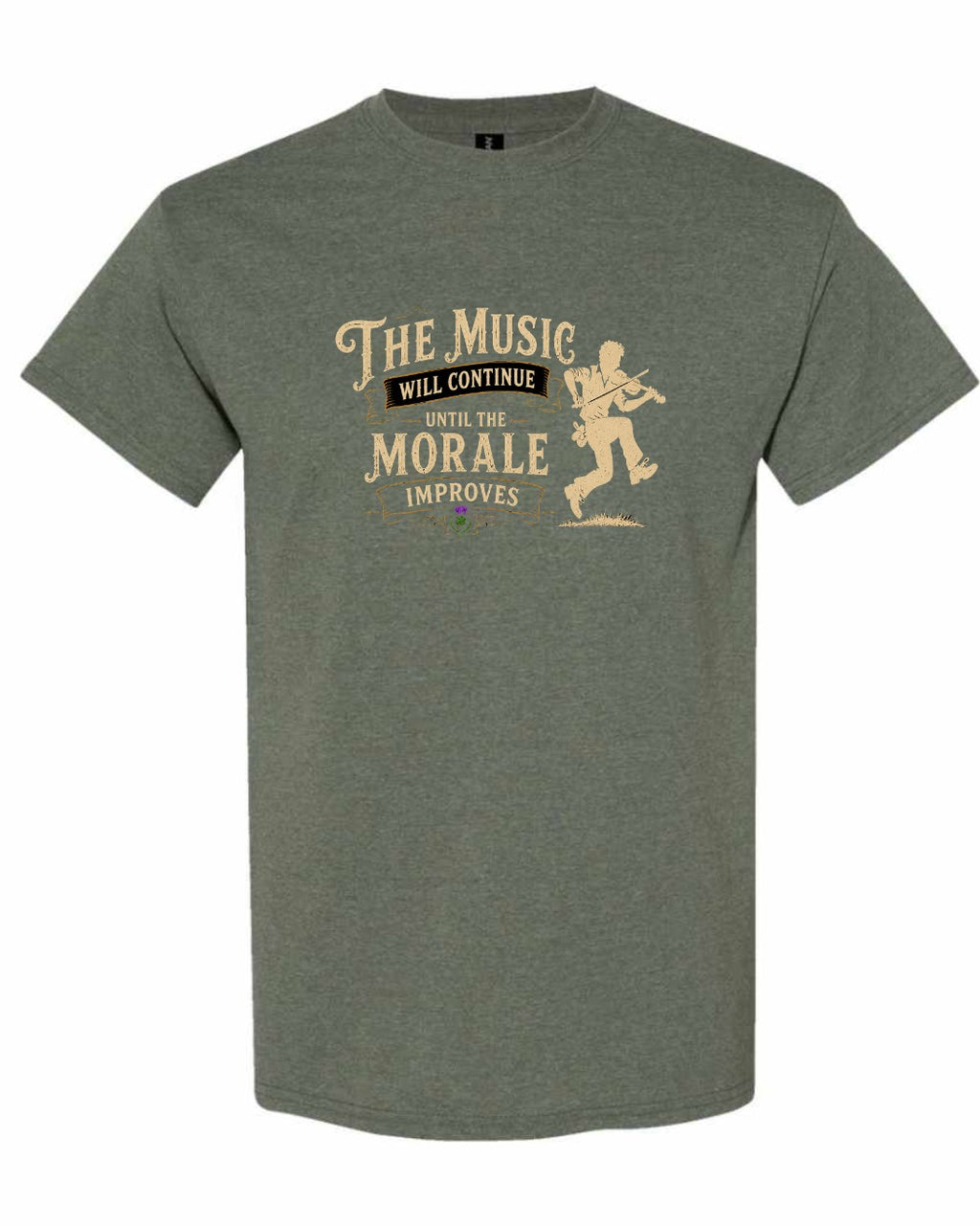 Muisic Will Continue Fiddle Men's Tee in Heather Military Green