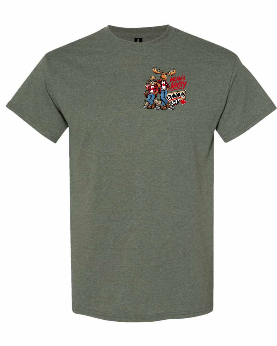 New Mean and Nasty Canadians Left Chest Men's Tee in Heather Military Green