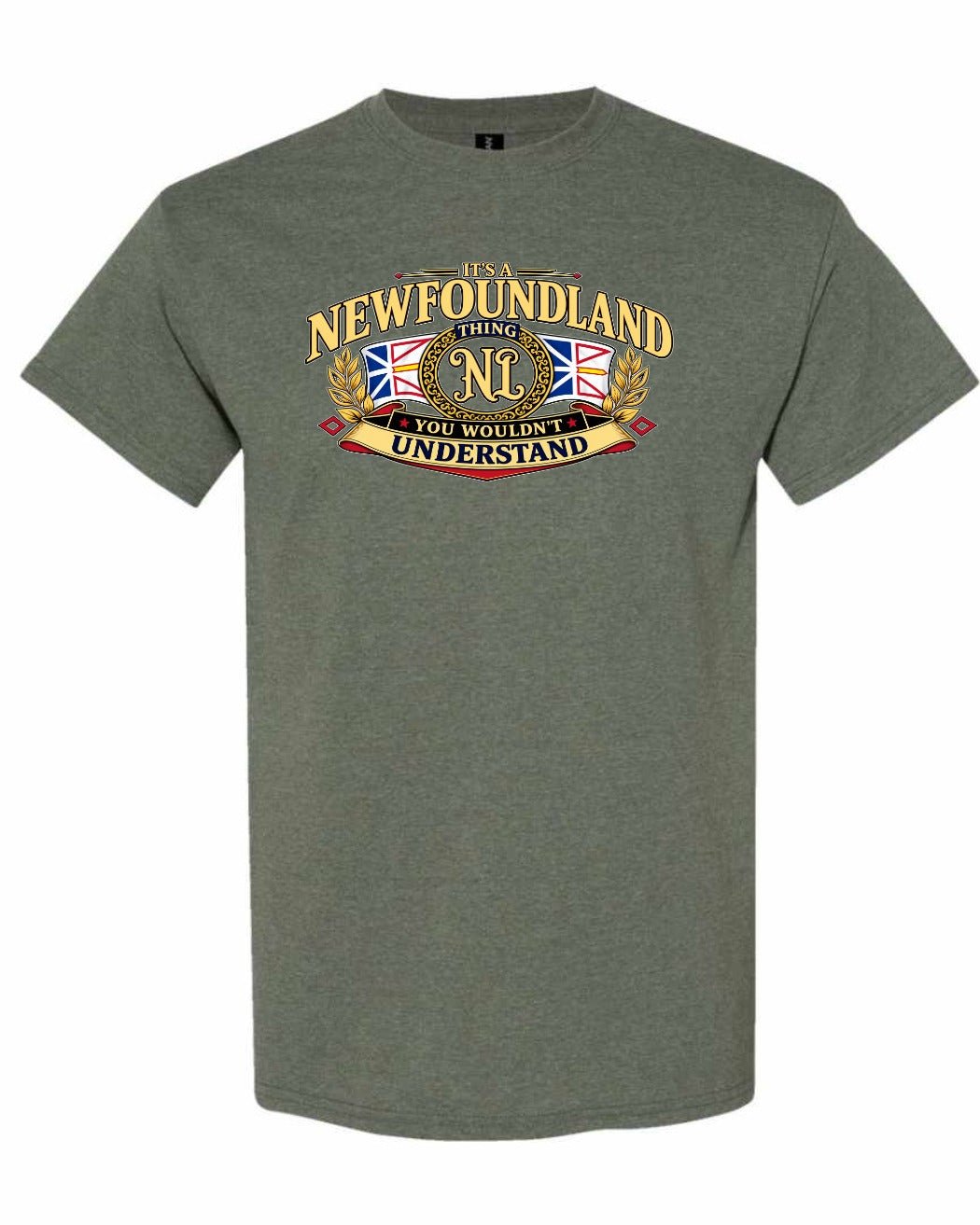 Newfoundland Thing Badge Full Front Men's Tee in Heather Military Green
