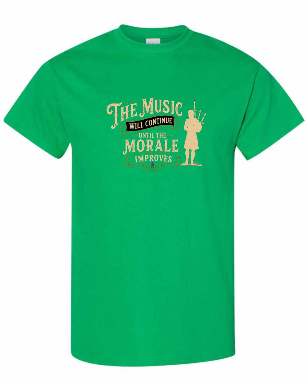 Muisic Will Continue Bagpipes Men's Tee in Irish Green