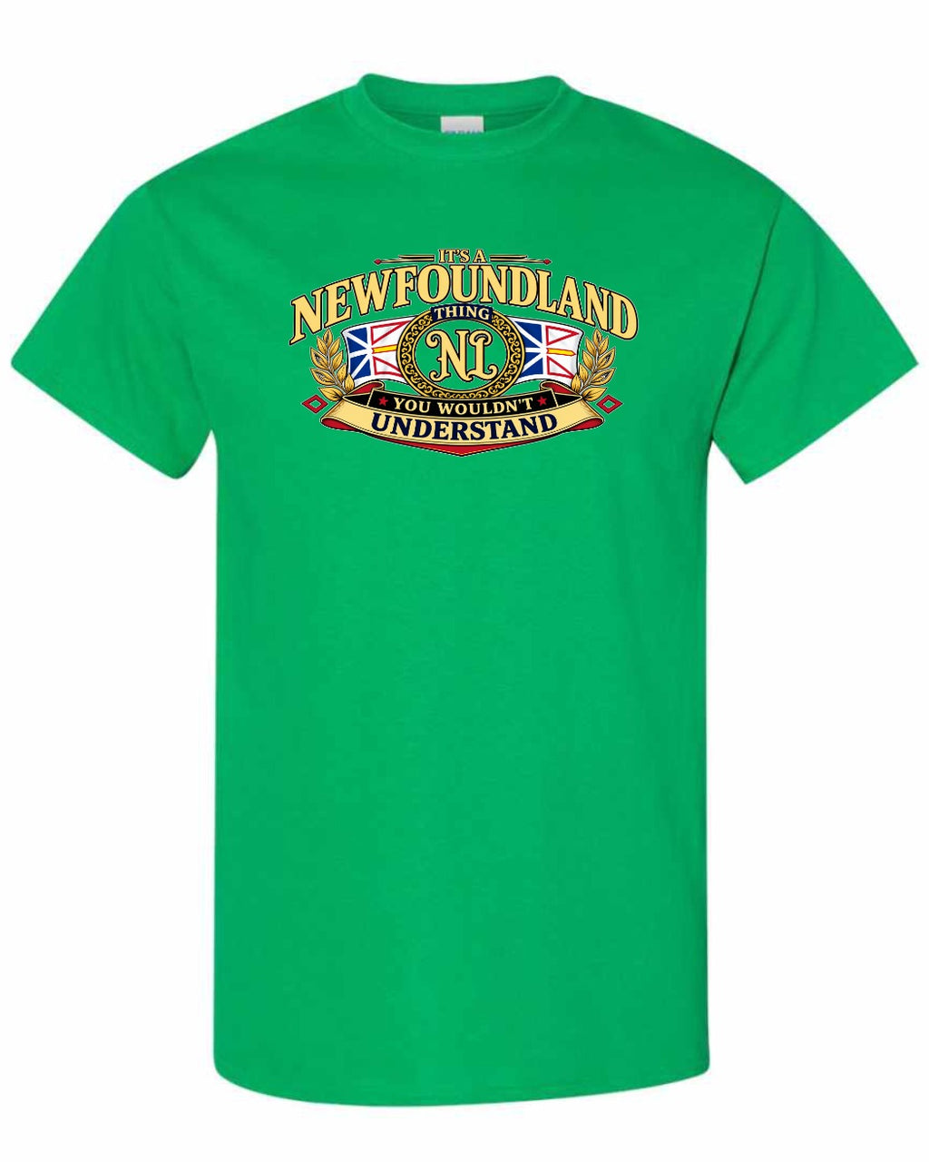 Newfoundland Thing Badge Full Front Men's Tee in Irish Green