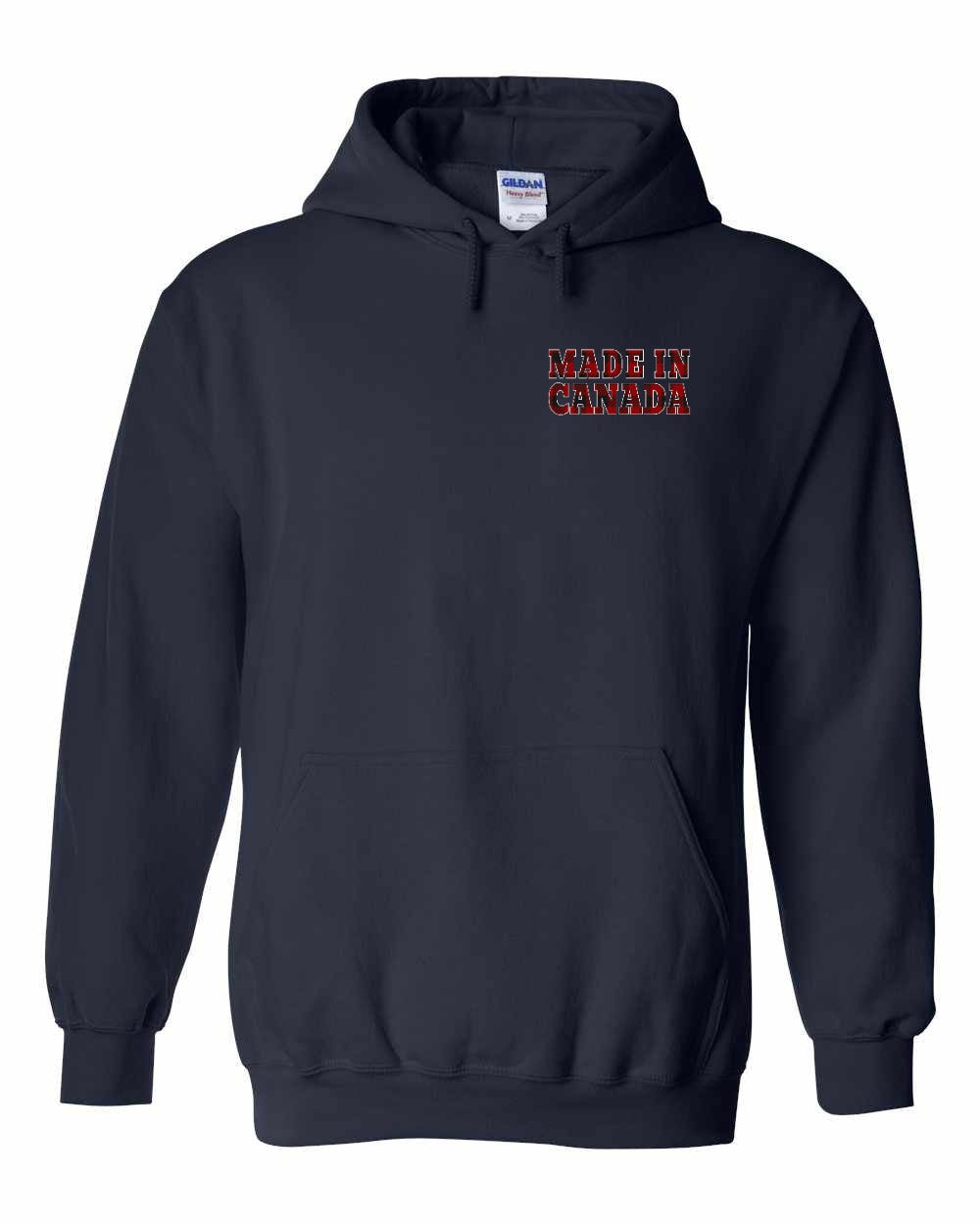 Made in Canada Plaid Background Left Chest Pullover Hoodie - Gildan Canada (sewn Internationally) - Unisex