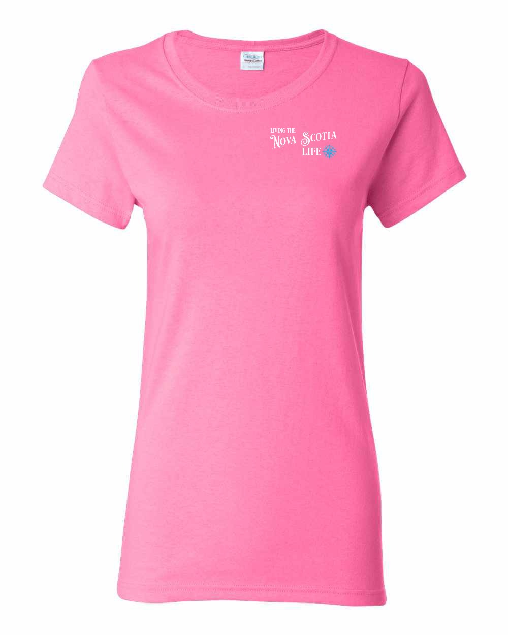 Living the Nova Scotia Life blue Left Chest and Back womens-tee
