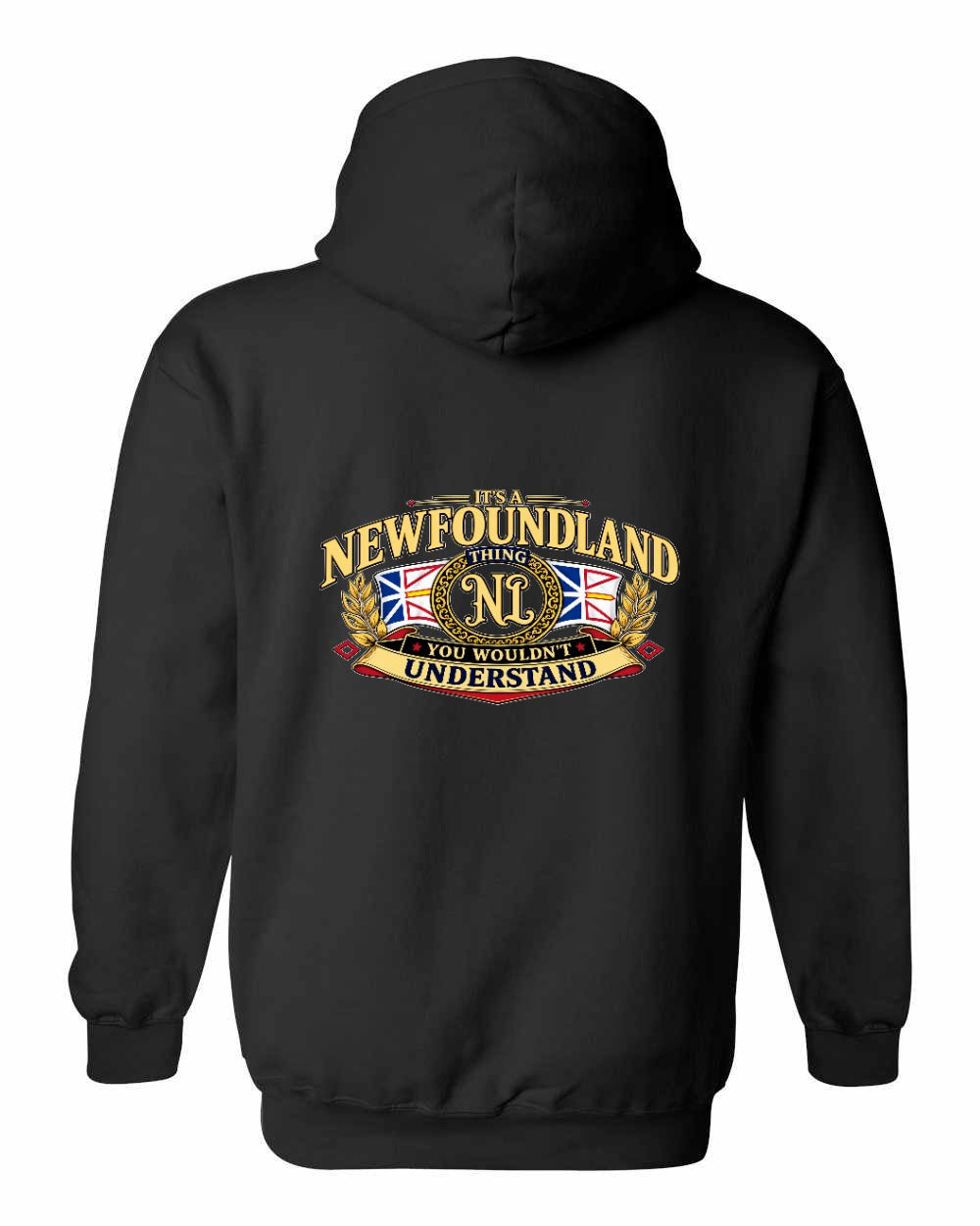 Newfoundland Thing Badge Left Chest and Back Pullover Hoodie in Black - back