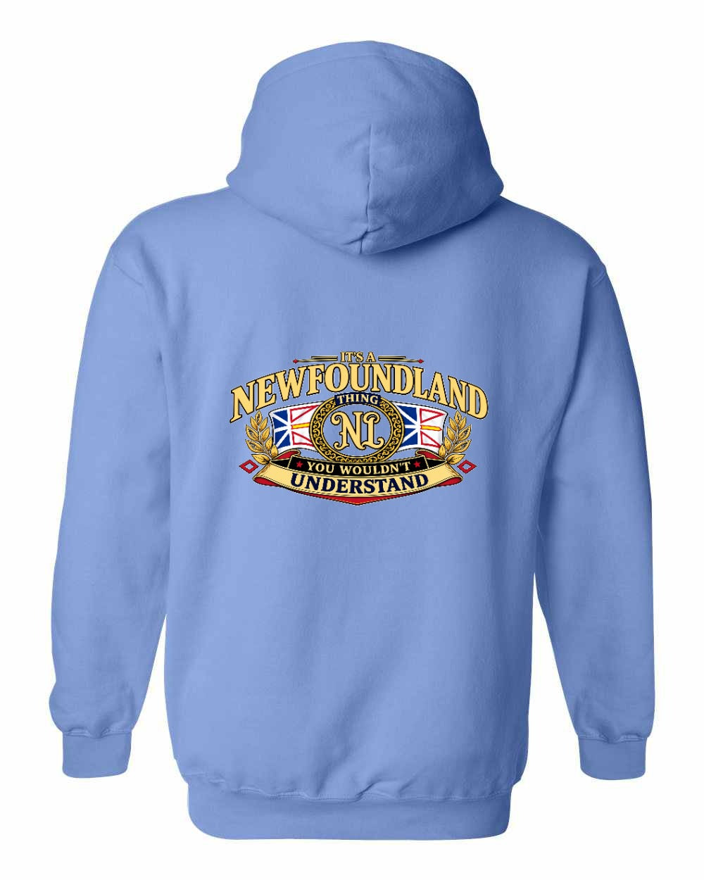 Newfoundland Thing Badge Left Chest and Back Pullover Hoodie in Carolina Blue - back