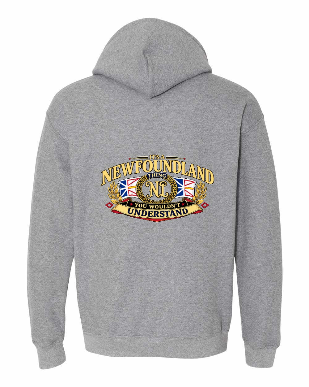 Newfoundland Thing Badge Left Chest and Back Pullover Hoodie in Graphite Heather - back