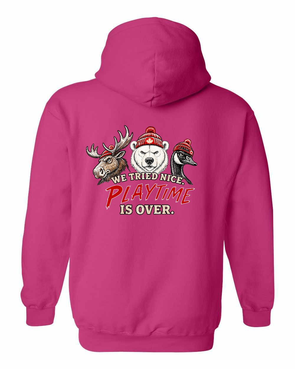We Tried Nice New Left Chest and Back Pullover Hoodie in Heliconia Pink - back