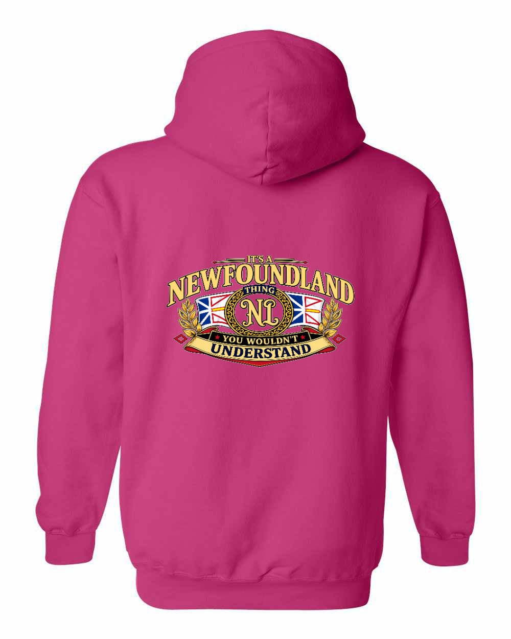 Newfoundland Thing Badge Left Chest and Back Pullover Hoodie in Heliconia Pink - back