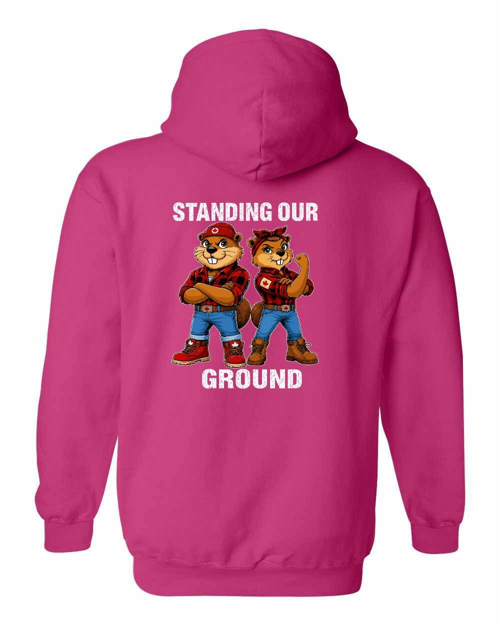 Standing Our Ground Left Chest and Back Pullover Hoodie in Heliconia Pink - back