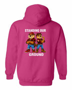 Standing Our Ground Left Chest and Back Pullover Hoodie in Heliconia Pink - back